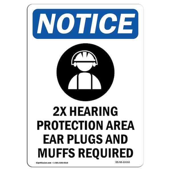 Signmission OSHA Notice Sign, 2X Hearing Protection With Symbol, 10in X 7in Rigid Plastic, 7" W, 10" H, Portrait OS-NS-P-710-V-10016 - main